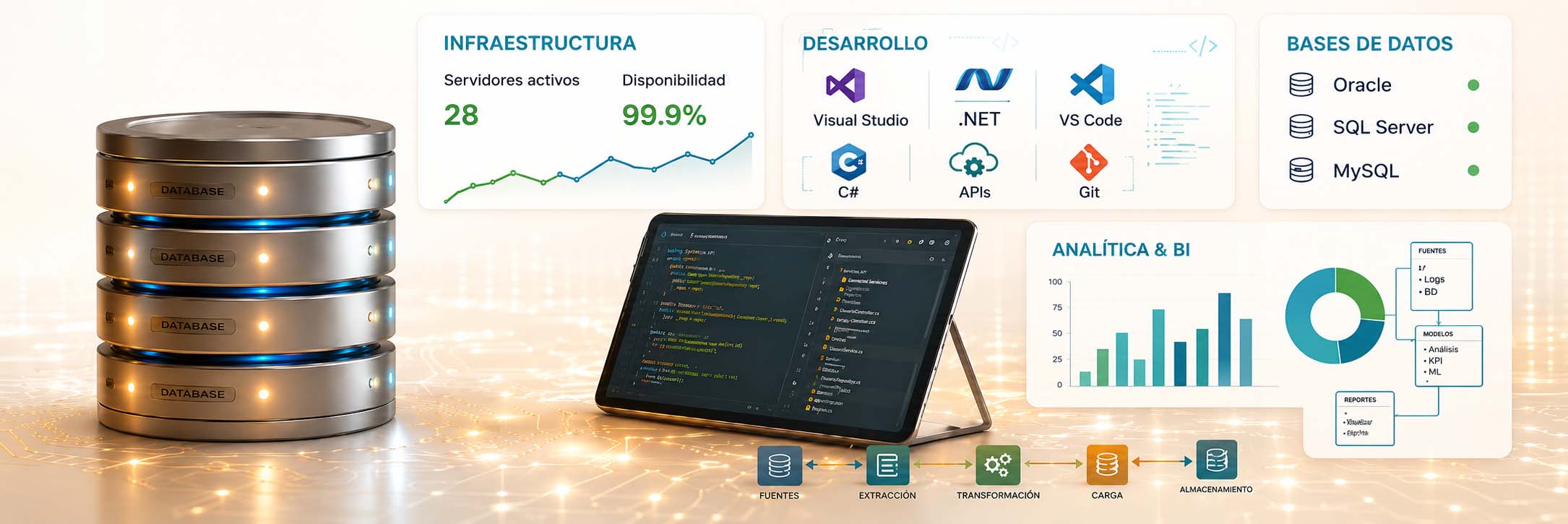 Panel tecnológico con servidores, ciberseguridad, código y analítica BI